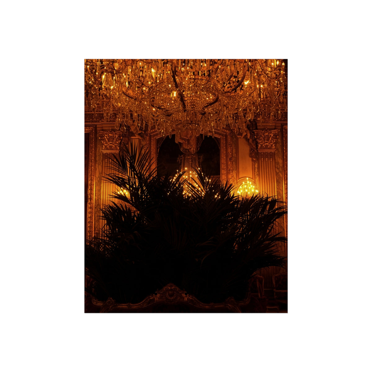 Ornate Chandelier Fine Art Poster — Warm Vintage Ballroom Wall Art