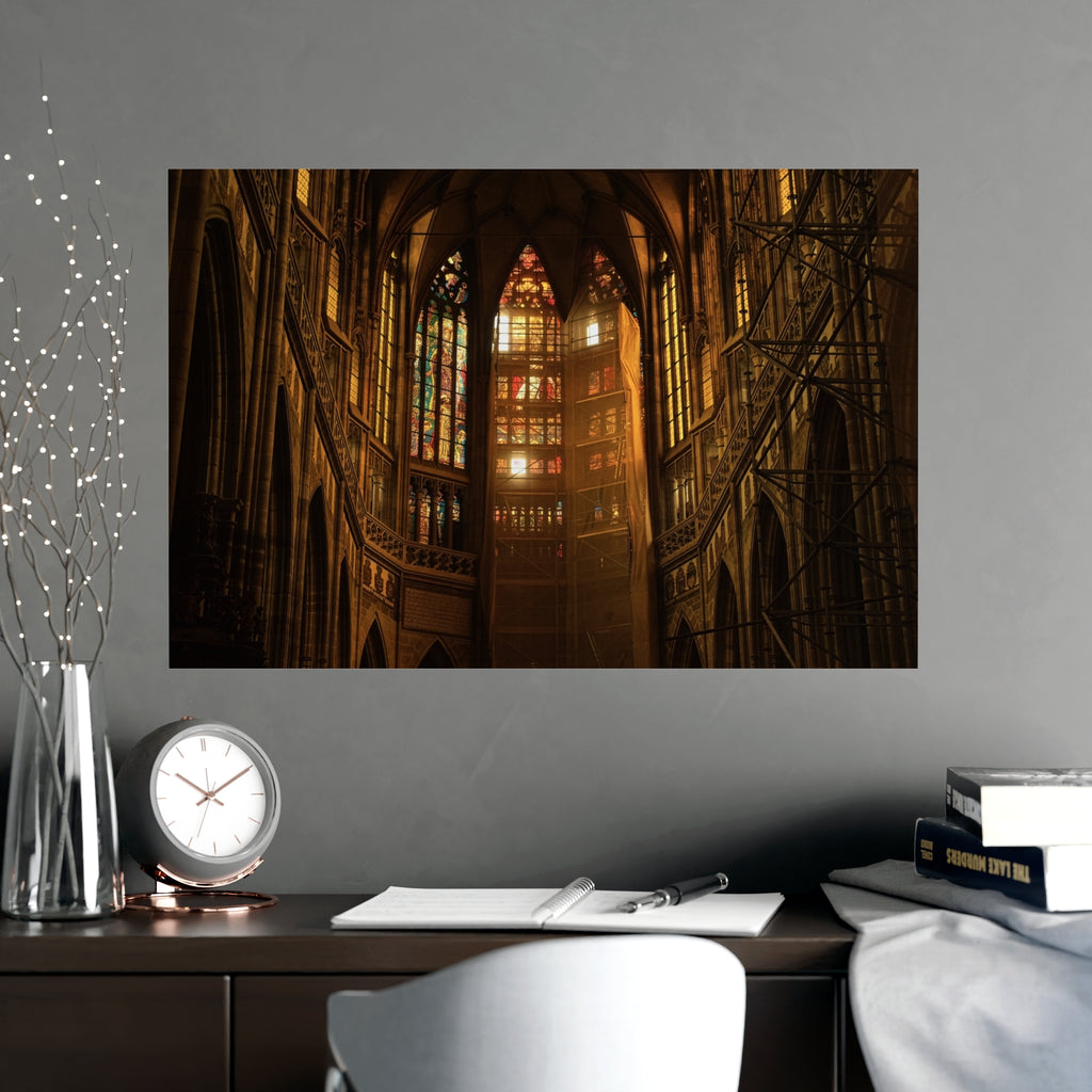 Gothic Cathedral Photography Print | Stained Glass & Golden Light Travel Poster