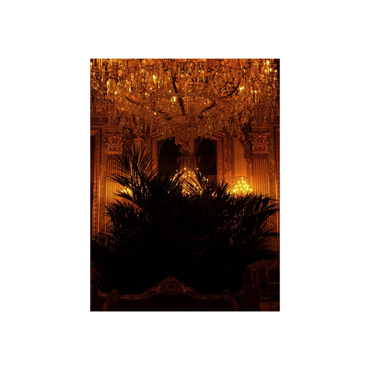Ornate Chandelier Fine Art Poster — Warm Vintage Ballroom Wall Art