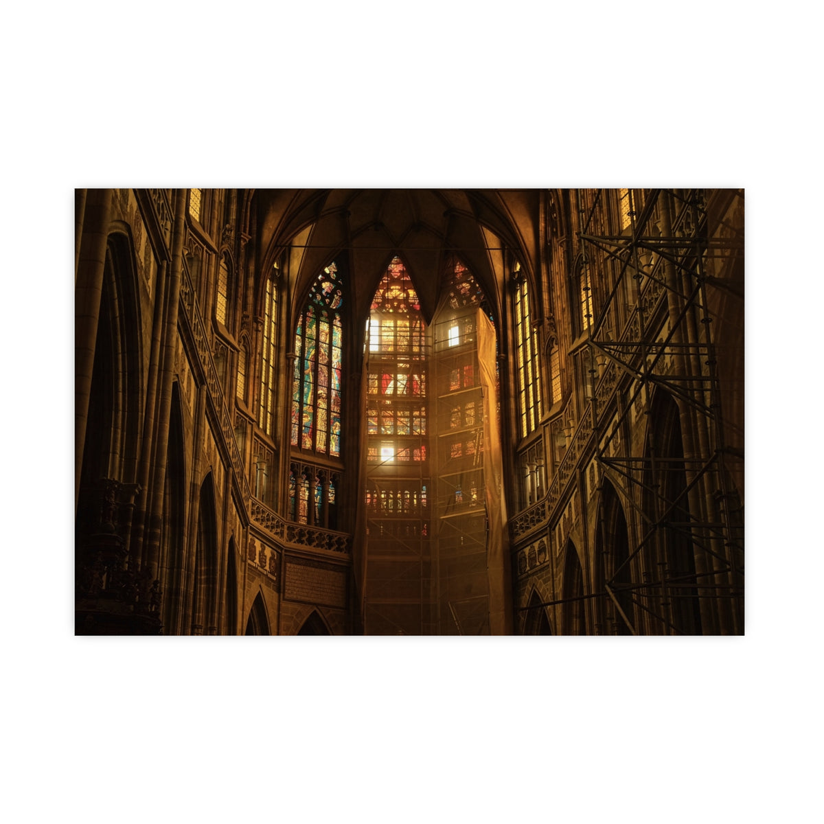 Gothic Cathedral Photography Print | Stained Glass & Golden Light Travel Poster