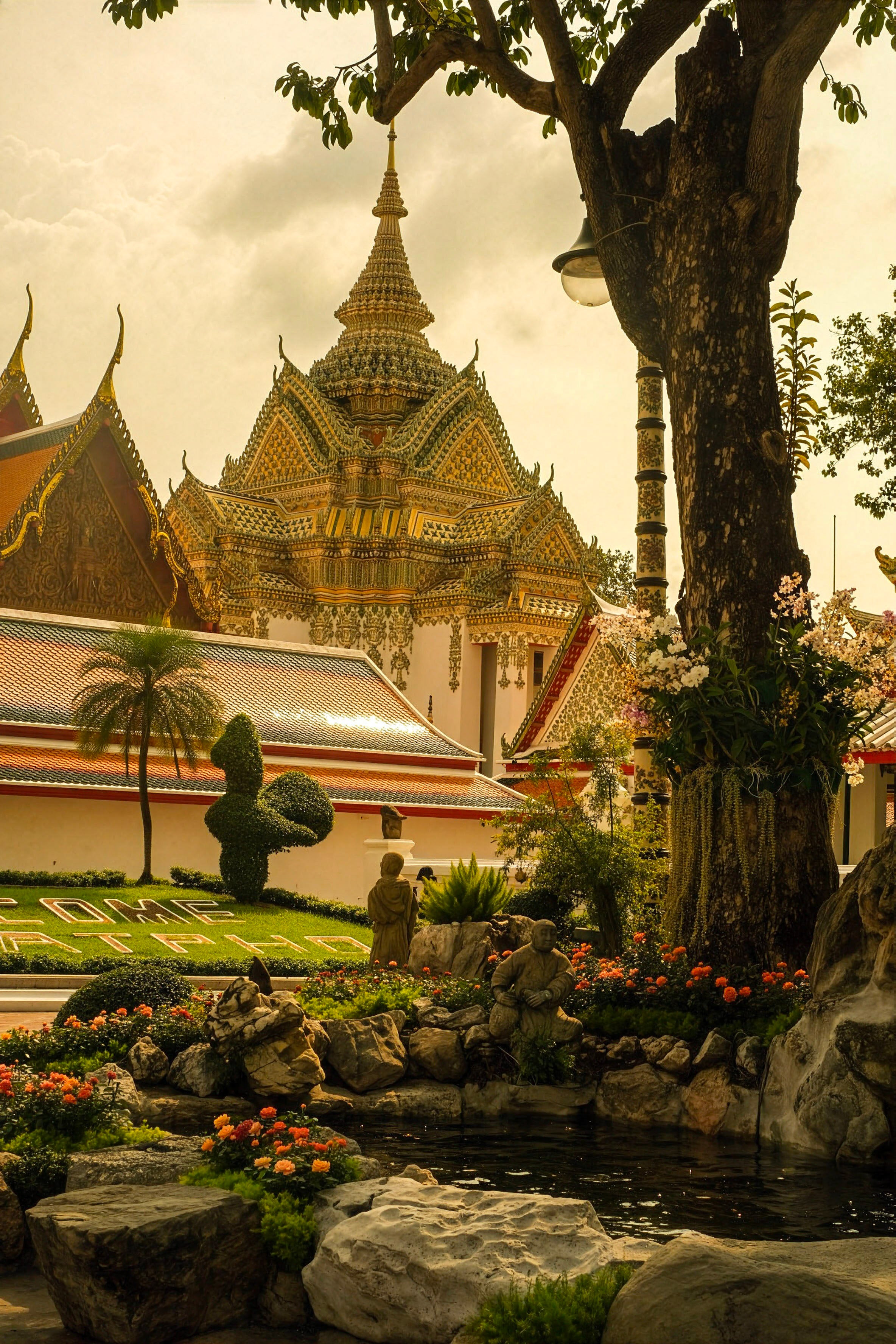 Thai Temple Gardens Bangkok Photo - Golden Spires Evening Light