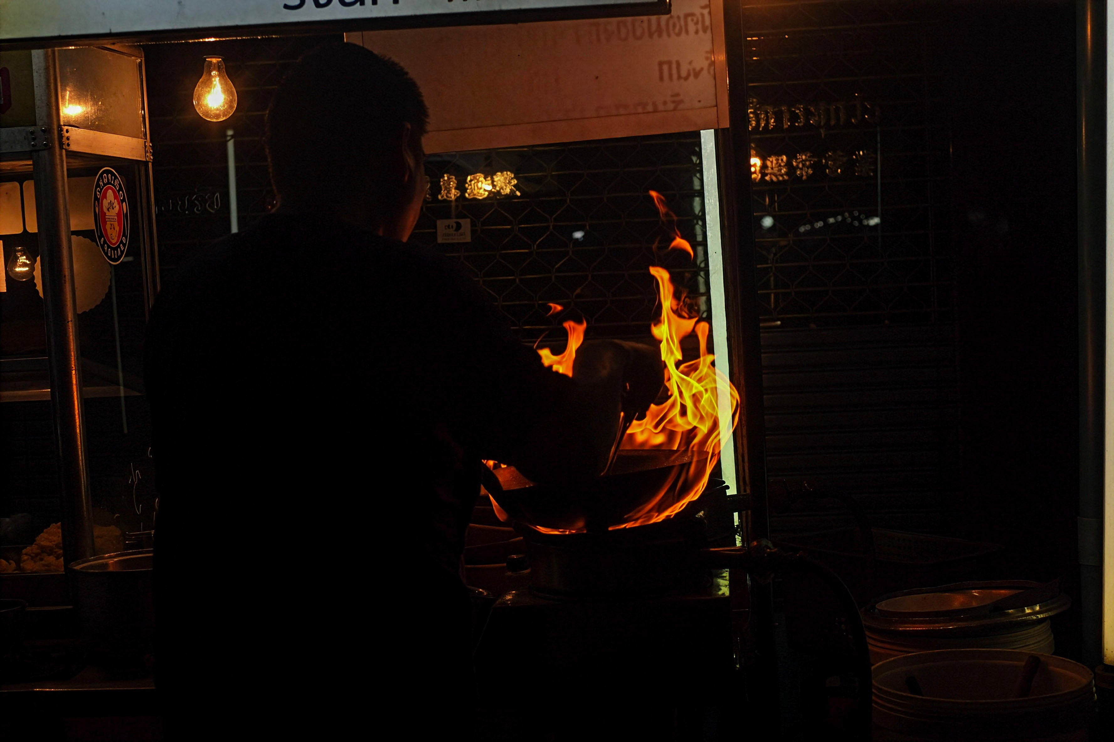 Bangkok Street Food Fire Photo - Thai Cooking Silhouette