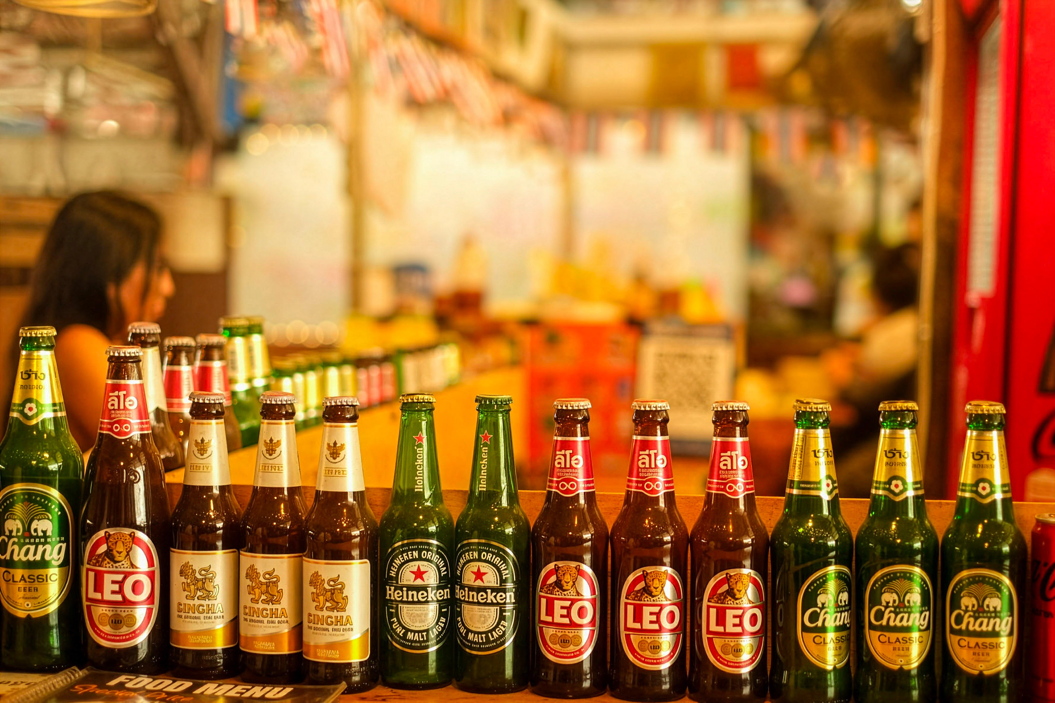 Thai Bar Beer Bottles Stock Photo - Street Food Culture