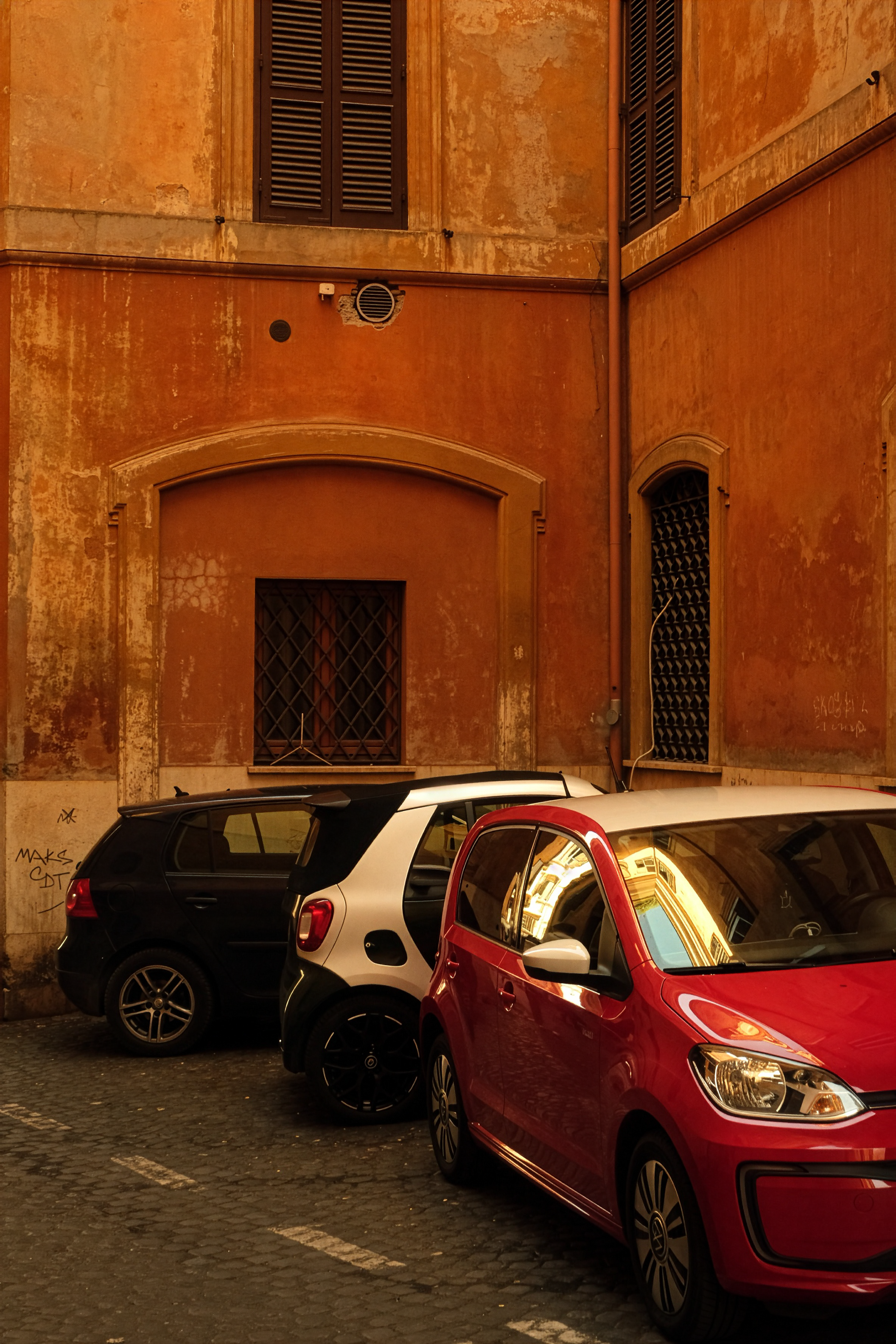 Rome Street Scene Photo - Colorful Cars Orange Facades Italy